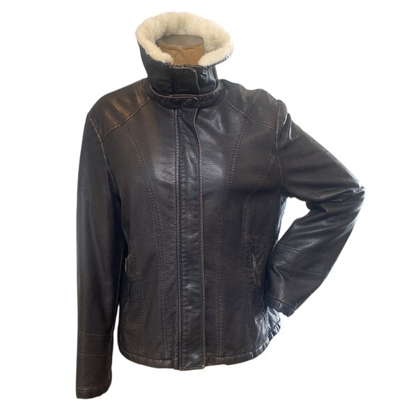a.n.a Faux Leather Aviator Jacket Faux Fur Lining & Collar Sz XL Brown #178K - Picture 3 of 11